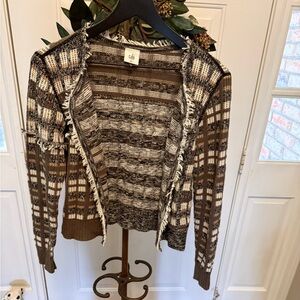 Cabi Classic Cardigan Plaid Neutral Tones Open Front Cardigan Sweater LS XS